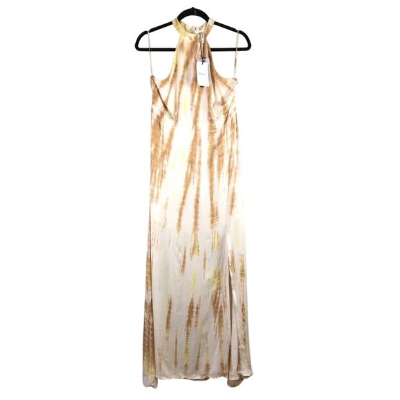 Asos Stradivarius Yellow Cream Brown Tie Dye Thigh Split High Neck Maxi Dress - Picture 1 of 7